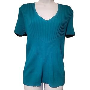 NWT Worthington Women's Top Size XL Blue Ribbed V-Neck Stretchy‎ Silk